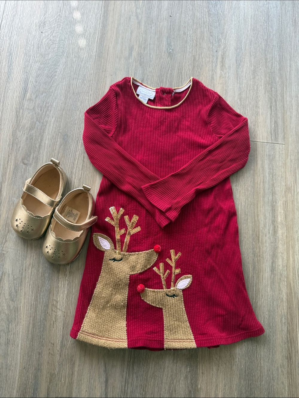 Bundle: Mud Pie Red Reindeer Knit Dress AND matching gold flats